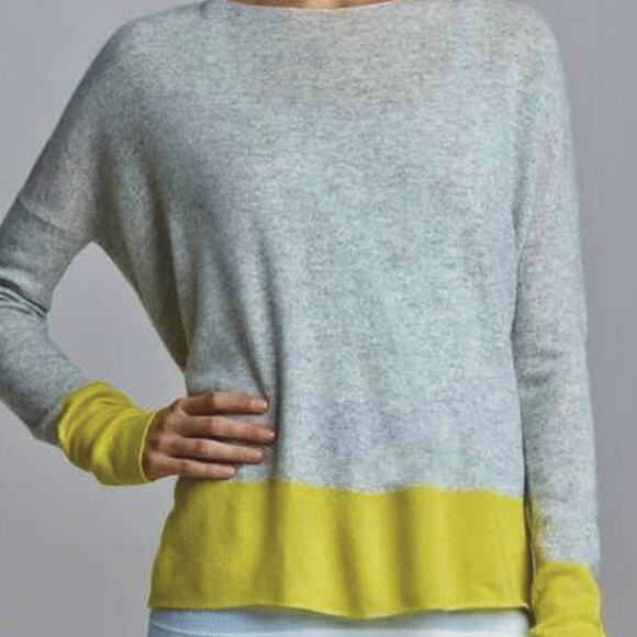 VINCE 100% CASHMERE Colorblock Slouchy Boatneck Long Sleeve Sweater Yello Gray M - Picture 1 of 5